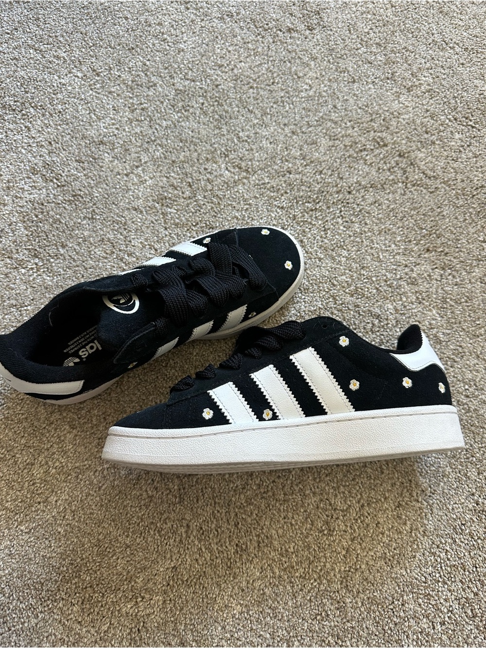 adidas Black Sneakers with White Stripes and Daisy Embroidery NEVER WORN!